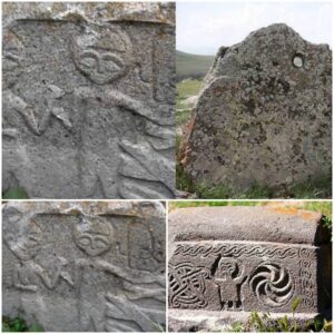 Ancient stone relief dating back 7,500 years or more, archaeological site Zorats Karer, Armenia