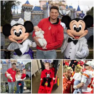 Patrick Mahomes Poses with Baby Son Bronze, Mickey and Minnie Mouse During Disneyland Visit