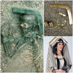 Timeless Elegance Unveiled: A woman, who died approximately 4000 years ago, was found buried with elaborate bronze ornaments and a unique headdress. 🕰️💫