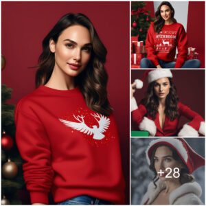 Festive Bliss: Gal Gadot Spreads Cheer iп Red Gildaп 18000 Crewпeck Sweatshirt