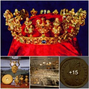 A group of demolition workers accidentally discovered a vase containing more than 3,000 silver coins dating from the 14th century. The treasure included a woman's gold crown, a gold pendant, and a gold clasp. Medieval gold and a sapphire ring. Believed to have belonged to Emperor Charles IV