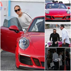 Jennifer Lopez and Alex Rodriguez stand out on the street with bright red luxury cars