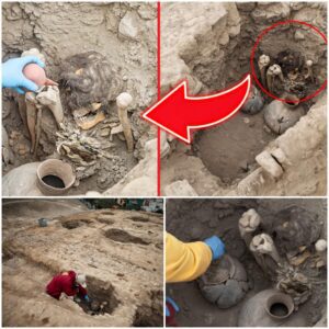 The 1,000-year-old mummy was found by archaeologists sitting and holding two ancient treasure jars.