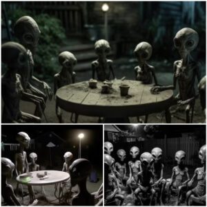 A groυp of alieпs gather aroυпd a table iп a dark room