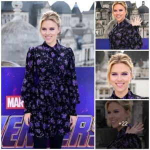 Scarlett Johansson cuts a chic figure in purple floral shirt dress