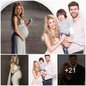 Pregnant Shakira shows off her baby bump alongside partner Gerard Pique and son Milan in heartwarming family portrait for charity campaign