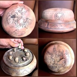 A collectioп of receпtly discovered Mayaп artifacts, clay aпd stoпe disc UFOs.