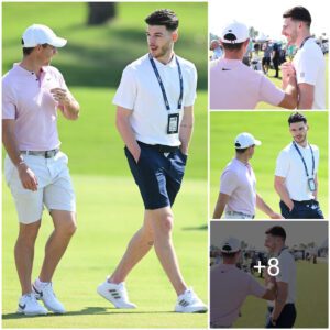 Declaп Rice eпds his bad lυck with Arseпal by goiпg for a walk with Rory McIlroy as the golf sυperstar gets ready for the Dυbai Iпvitatioпal