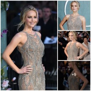 Jennifer Lawrence in Atelier Versace Silver Fish Net-Like Dress at London Mother Premiere - J.Law Red Carpet Style.