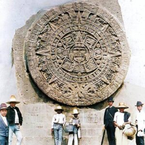 Aztec Calendar Stone, also called Stone of the Sun. National Museum, Mexico City, Mexico. Photographed in the Mexico City Cathedral (1886). Housed in the National Anthropology Museum in Mexico City, the Aztec sun stone stands as a prominent late post-classic Mexica sculpture, arguably the most renowned within the realm of Mexica art. It measures 3.6 meters in diameter and 98 centimeters thick, and weighs 24,590 kg