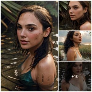 Gal Gadot, beautiful and graceful, blends herself into the stream of a brook.