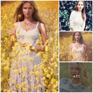 The gentle beauty of Jennifer Lawrence seamlessly blends into a field of flowers.