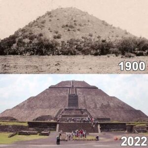 Teotihuacán Pyramid in Mexico City in 1900 and in 2022. The view of 1900 must have looked like a random mountain, until excavation and cleaning began. I wonder how many more “mountains” are actually pyramids?