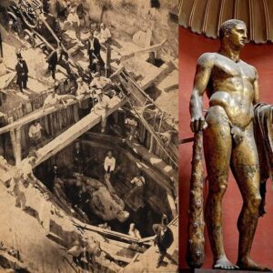 The moment when the 4-meter-tall, 2,000-year-old gigantic Hercules statue was discovered in 1864 and its current state in the Vatican Museum.