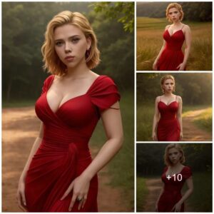 Elegance in Scarlet: Scarlett Johansson's Forest Symphony of Beauty.