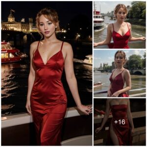 Radiant Red Beauty: Jennifer Lawrence in an Enchanting Red Dress on a Thames River Sightseeing.