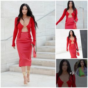 See Megan Fox's Fiery-Red Cardigan & Pencil Skirt by Jacquemus