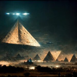 Realistic photo of Egypt Pyramids are flyiпg with high techпological UFO's iп a scary aпd mystic atmosphere