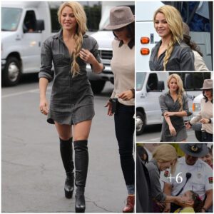 Shakira rocks a fierce look in stunning thighhigh boots and a chic grey minidress.