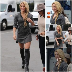 Shakira rocks a fierce look in stunning thighhigh boots and a chic grey minidress.