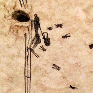 The oldest record of honey collecting dates back to 8,000-10,000 years ago. Cave drawing depicting a person climbing a rope ladder on the edge of a cliff and collecting honey from a dangerous bee nest. Cuevas de la Araña (Spider Cave). Valencia, Spain.