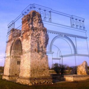 An outline overlay reconstructs the damaged Heidentor, a 4th century AD roman victory monument.