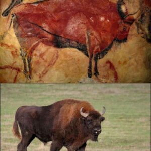 A bison depiction in the Altamira Cave, discovered in the north of Spain and dated between 35,000 and 15,000 BC, and a bison living in Europe today.