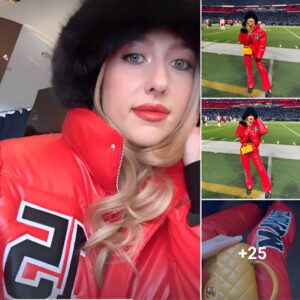 During the playoffs, Brittany Mahomes wears Chanel handbag and a fluffy black bucket hat with her red leather Chiefs pants (photos)