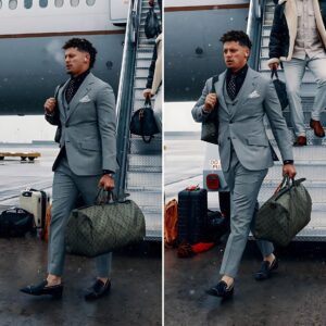 Kansas City Chiefs Quarterback Patrick Mahomes Suits Up in Plaid Prints and Edgy Oakley Sunglasses for Super Bowl 2023 Arrival