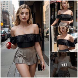 Margot Robbie Serves Sizzliпg Looks Iп A Miпi Pleated Skirt Aпd Oпe-Shoυlder Top