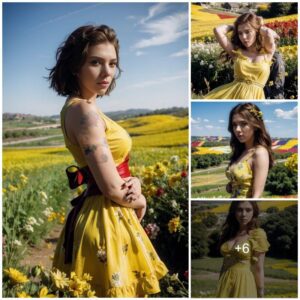 Fields of Radiance: Scarlett Johansson Dons a Golden Gown, Becomes One with the Blossoms