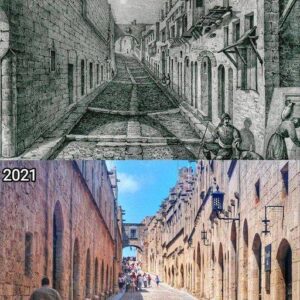 The Street of the Knights in Rhodes Island, approximately 200 years apart. On the historical street between the Palace of the Grand Masters and the port, there are inns belonging to the Hospitalier Sect.