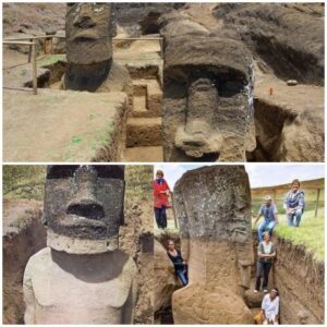 The buried bodies of the iconic Easter Island moai basalt statues, built by the Rapa Nui people