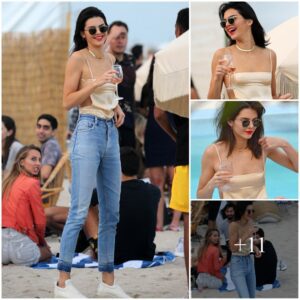 Miami Magic: Kendall Jenner Radiates Glamour in a Sparkling Yellow Strap Top, Enjoying Wine.Thanhnga