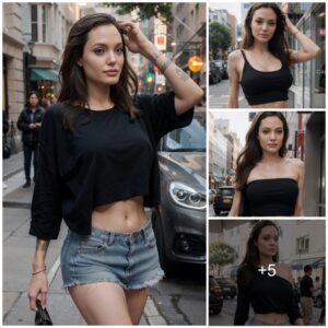 Angelina Jolie's Captivating Elegance: A Radiant Presence in Tube Crop Top and Mini Jean Skirt, Showcasing Enchanting Waves and Impeccable Chic Style