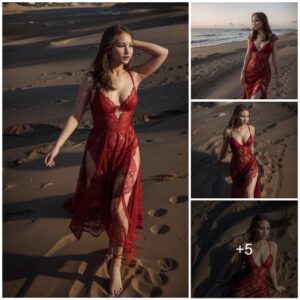 Jennifer Lawrence Radiates Elegance in a Red Lace Ensemble, Captivating the Shoreline