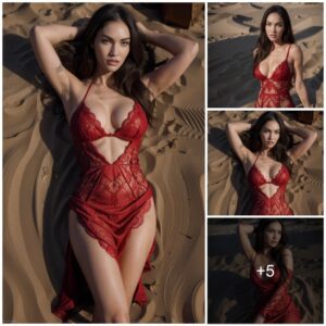 A Vision of Grace: Megan Fox Poses Tranquilly in a Red Lace Dress by the Sea