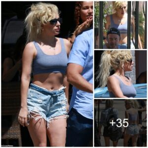 Lady Gaga Flaunts her Abs and Backside in Fashionable Crop Top and Denim Shorts while Enjoying a Casual Lunch