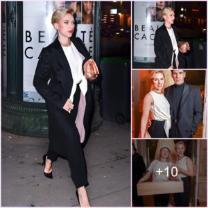 “Scarlett Johansson radiates sophistication in tailored trousers and a chic jacket as she strolls through the streets of Paris.”