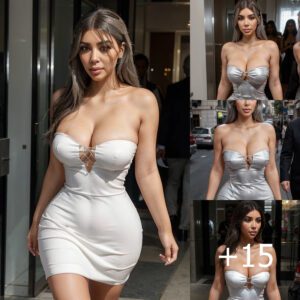 Kim Kardashian Stuns in White Two-Strap Dress with Sleek Ponytail