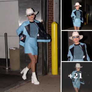 Lady Gaga shows off her pins in blue leather mini skirt while sporting a white cowboy hat in New York