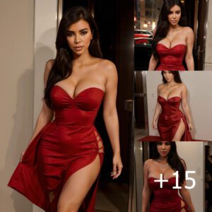 Kim Kardashian Dazzles in a Scarlet Gown, Striking Stunning Poses Against the Enchanting Night Cityscape