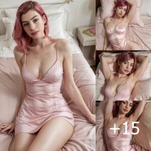 Anne Hathaway Radiates Elegance in Deep Pink Gown and Matching Pink Hair on Luxurious Bedspread