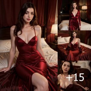 Anne Hathaway Shines in Deep Red Gown and Matching Hair on Luxurious Bedspread, Exuding Elegance