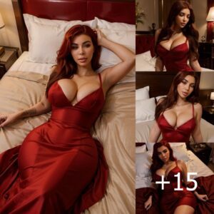 Kim Kardashian Shines in Deep Red Gown and Matching Hair on Luxurious Bedspread, Exuding Elegance