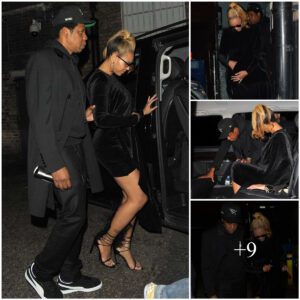 Beyonce showcases her toned legs in a black velvet mini-dress and feathered heels on a date night with Jay-Z in London