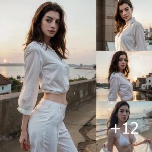 Anne Hathaway And Photoshoot In White Blouse Outfit Under Sunset ‎