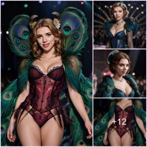 Scarlett Johansson smiled brightly on the catwalk in the Victoria’s Secret show, wearing a peacock-winged feather outfit.