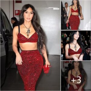 "Kim K's Fashion Frenzy: Sparkling in Red Bralet and Buckled Co-ord Set at Dolce & Gabbana's Milan Show!"