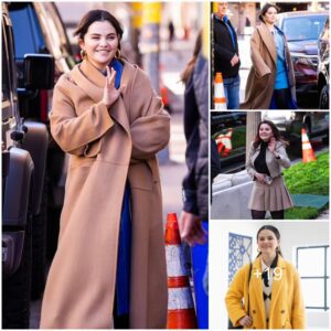 Selena Gomez braves the cold in style as she leaves the Only Murders in the Building set in chic camel coat and blue mini skirt